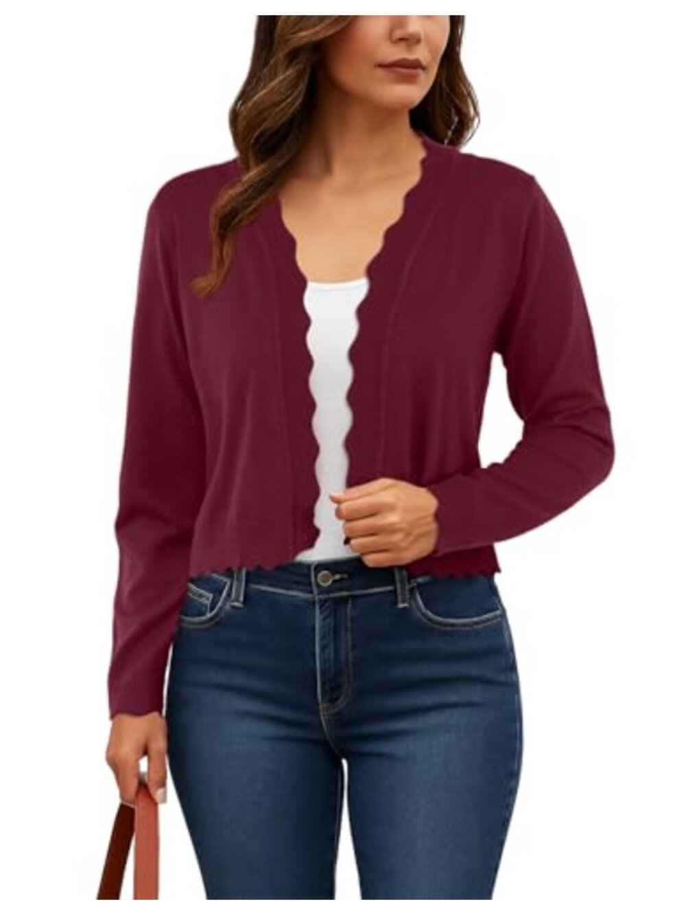 Women's Cropped Cardigan Long Sleeve Lightweight Knit Open Front Scalloped